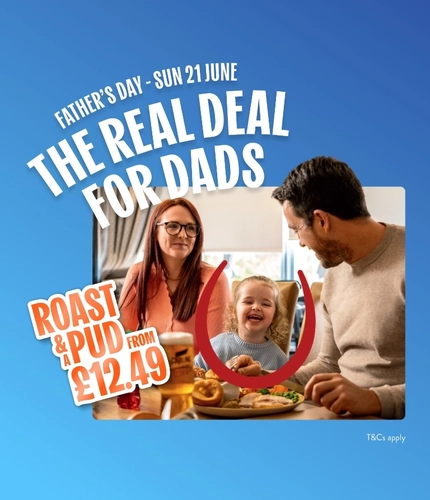 A banner promoting a Roast and a Pud for £12.49 as part of the Father's Day campaign at Hungry Horse venues.