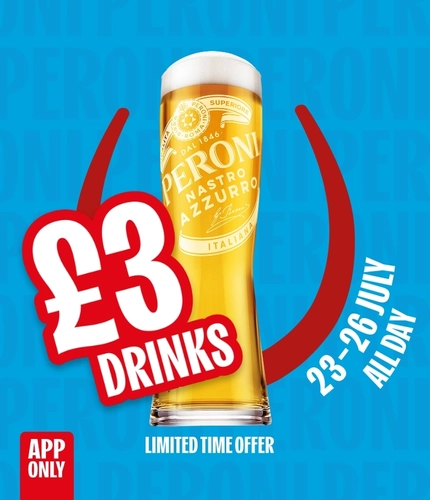 Promotional graphic featuring a pint of Peroni Nastro Azzurro beer on a bright blue background. Large text reads “£3 Drinks” with a red Hungry Horse horshoe highlight around the glass. Additional text states “25–26 July All Day,” “Limited Time Offer,” and “App Only,” with small print reading “T&Cs apply.”