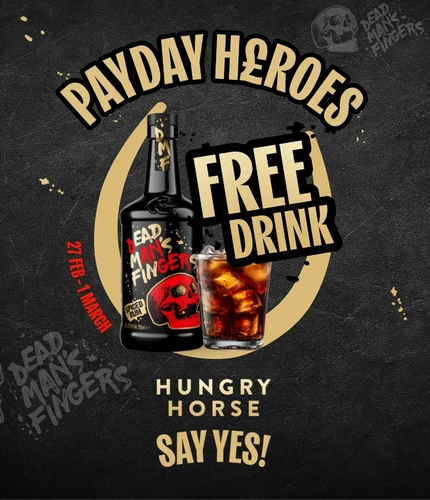 A banner promoting Pay Day in conjunction with Dead Man's Fingers Rum at Hungry Horse venues.