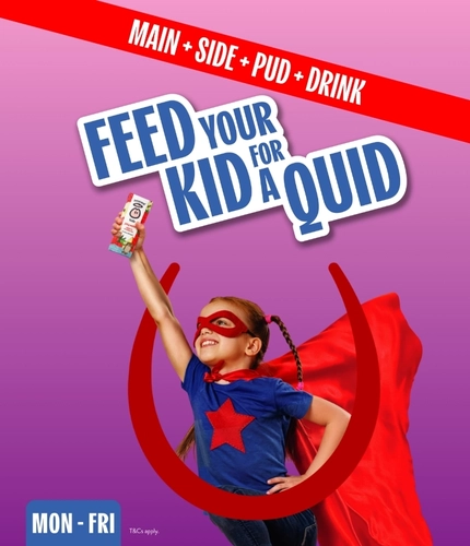 A banner featuring a child dressed as a superhero holding a carton of juice stood behind the Hungry Horse horseshoe logo with the wording "Feed Your Kid For A Quid - Mon-Fri - Main+Side+Pud+Drink" to advertise a promotion at Hungry Horse venues.