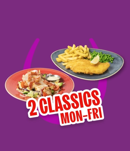 Two pub meal dishes displayed on a purple background with promotional text reading “2 Classics Mon–Fri”. One dish features battered fish with chips, peas and a lemon wedge, while the other is a chicken and bacon salad with mixed leaves, cherry tomatoes and a pot of dressing.