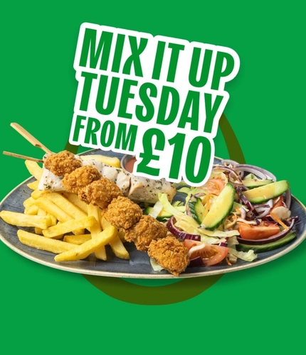 Promotional graphic reading “Mix It Up Tuesday From £10” above chicken skewers served with chips, side salad and a dipping sauce, displayed on a green background with a horseshoe graphic.
