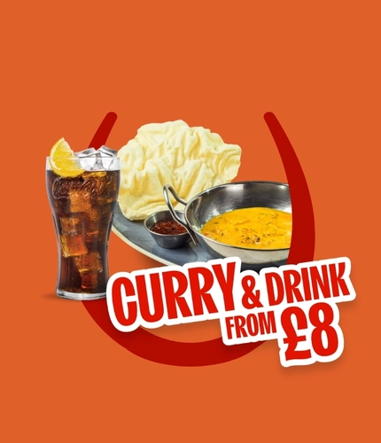 Promotional graphic reading “Curry & Drink From £8” featuring a bowl of curry with poppadums and mango chutney alongside a soft drink with ice and lemon, on an orange background with a red horseshoe graphic.