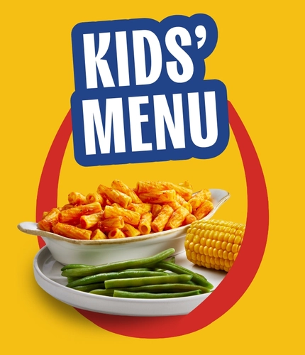 A promotional graphic showing a child dressed as a superhero flying forward among cucumber sticks, with “Kids Menu” text on a blue background.