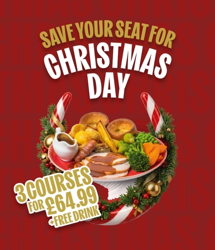 A banner promoting Christmas Day 3 Courses for £64.99 at Hungry Horse venues.