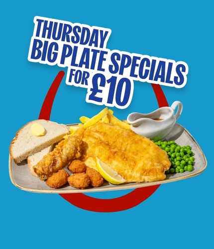 Promotional graphic reading “Thursday Big Plate Specials for £10” above a plate of fish and chips with peas, gravy, bread and butter, and potato bites on a blue background with a red horseshoe graphic