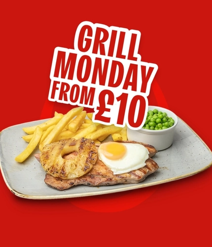 Promotional graphic reading “Grill Monday From £10” above a grilled gammon steak topped with a fried egg and pineapple ring, served with chips and peas on a red background with a horseshoe graphic.