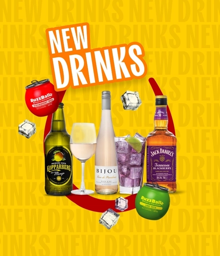 Promotional banner featuring a selection of drinks on a bright yellow background with a repeated “NEW DRINKS” pattern. The display includes a bottle of Kopparberg cider, a bottle and glass of white wine, a glass filled with a purple iced drink and lime wedge, a bottle of Jack Daniel’s Tennessee Blackberry whiskey, and two BuzzBallz cocktail cans. Floating ice