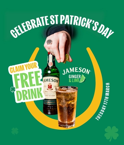 A banner promoting Jameson Whiskey as part of the St Patrick's Day promotion at Hungry Horse venues.