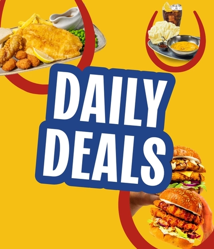 Promotional graphic reading “Daily Deals” surrounded by featured menu items including curry with a soft drink, fish and chips with peas and bread and butter, two chicken burgers, and chicken skewers with chips and salad, on a yellow background with red horseshoe graphics. with red horseshoe graphics.